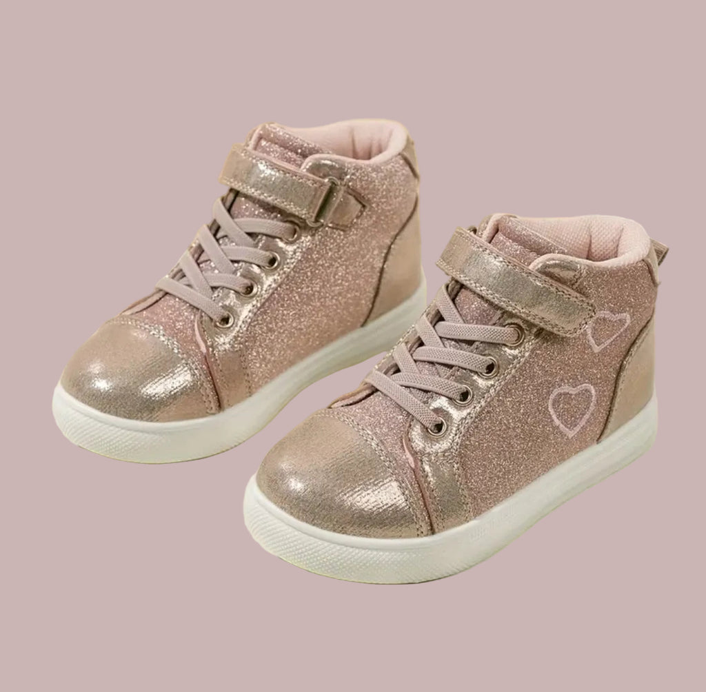 “Hearts & Glitter” Girls High-Top Non-Slip Lightweight Sneakers