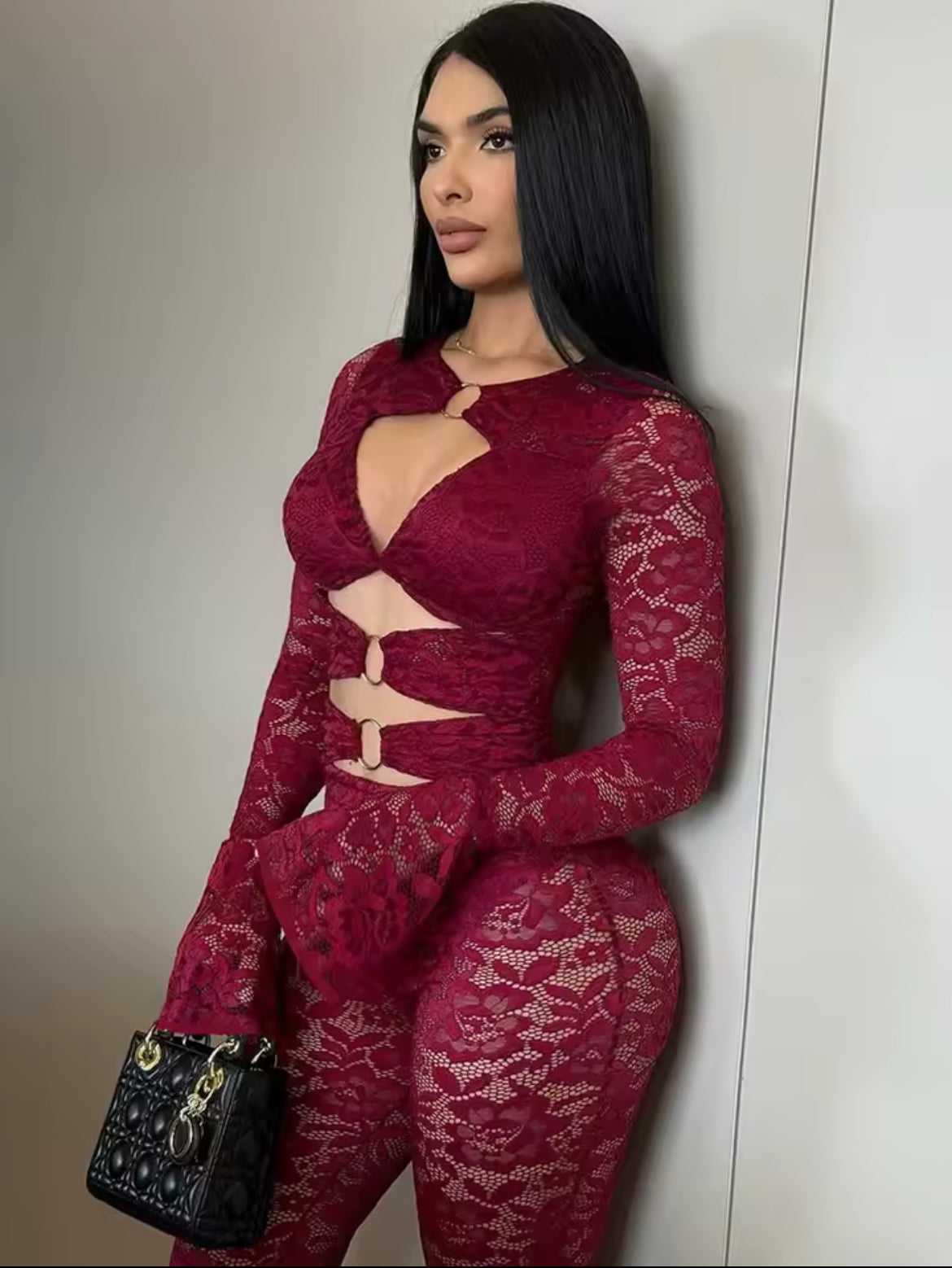 Jacquard Women’s Elegant Sexy Hollow Ring Crop Tops+Flare Pants