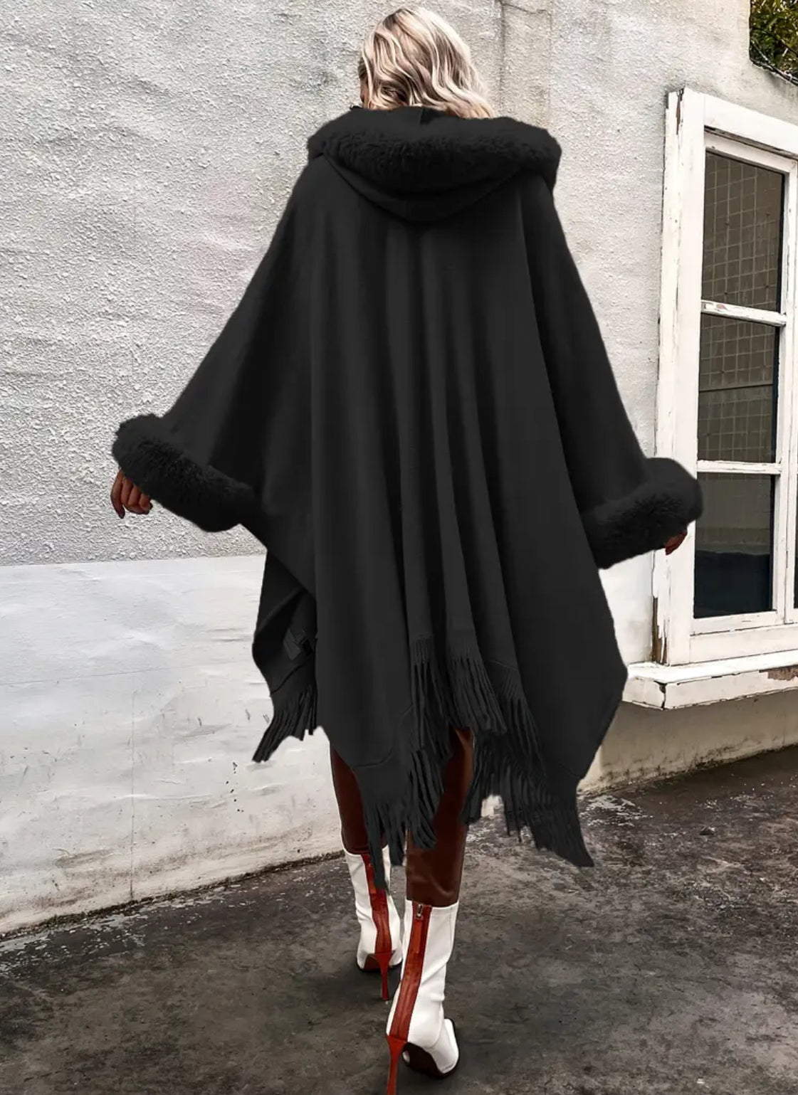 Chic Hooded Cape Coat - Long Sleeve V-Neck with Fringe Trim