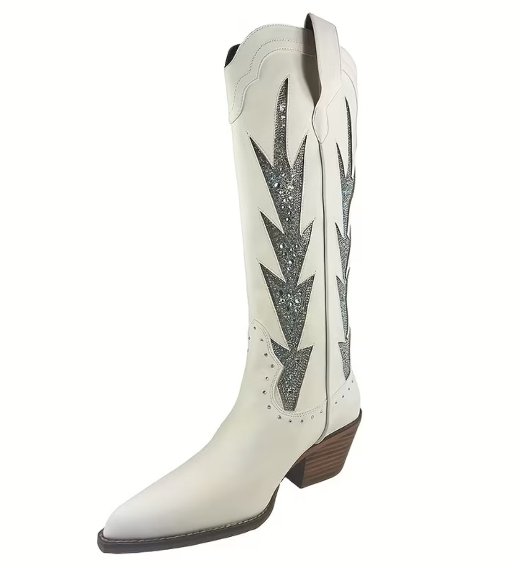 “Flames” Women's Western Cowboy Boots - Rhinestone Embellished Pointed Toe, Chunky Heel Pull-On Knee-High 