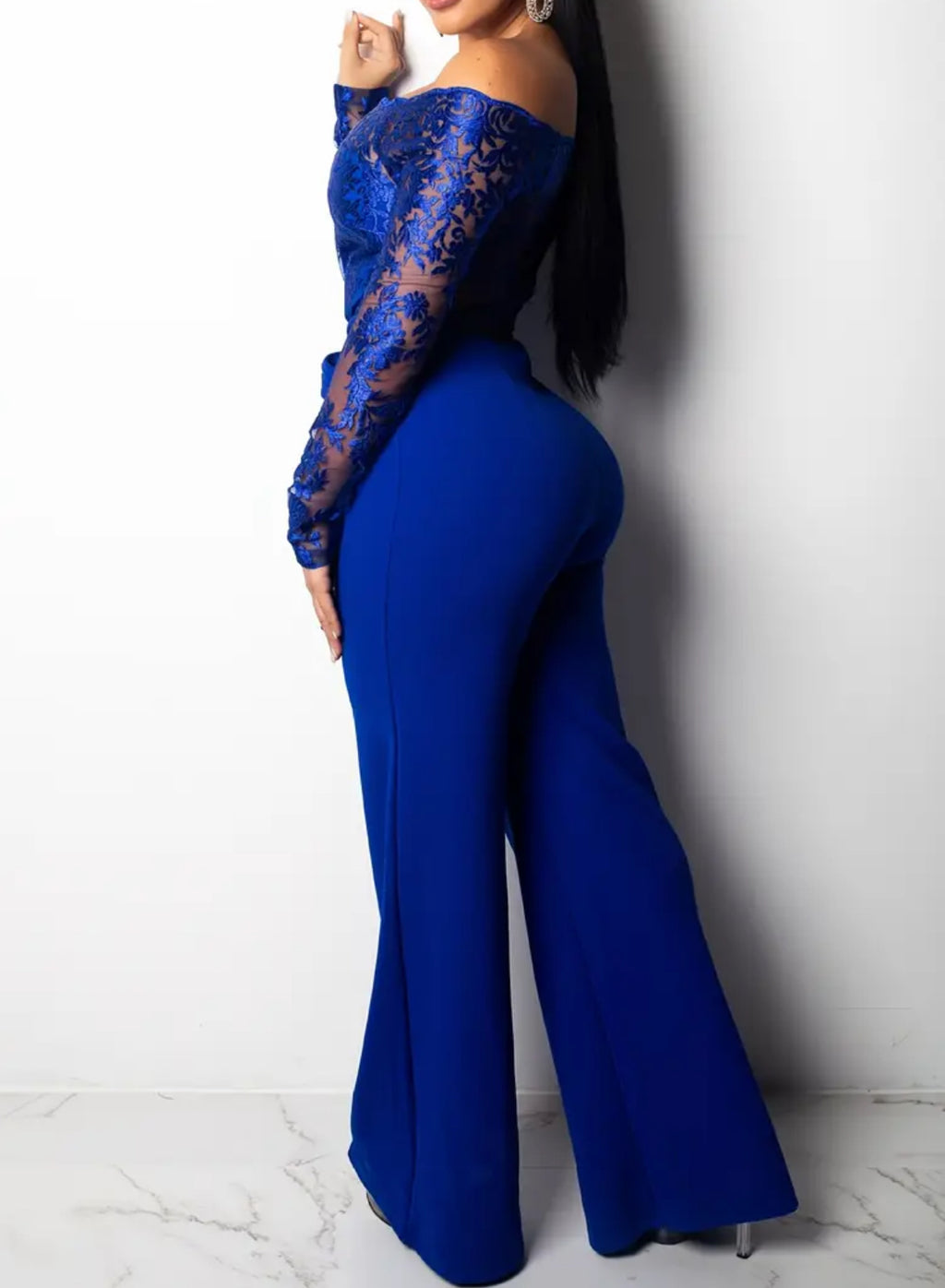 Off-Shoulder Lace Sleeve & Bowknot Waist Jumpsuit