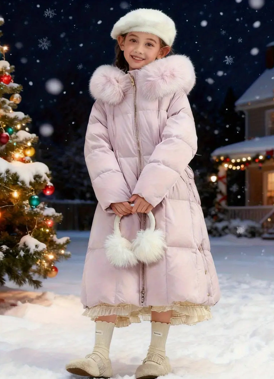 Kids Winter Parka Jacket with Hooded Fur Collar, Full-Zip Closure