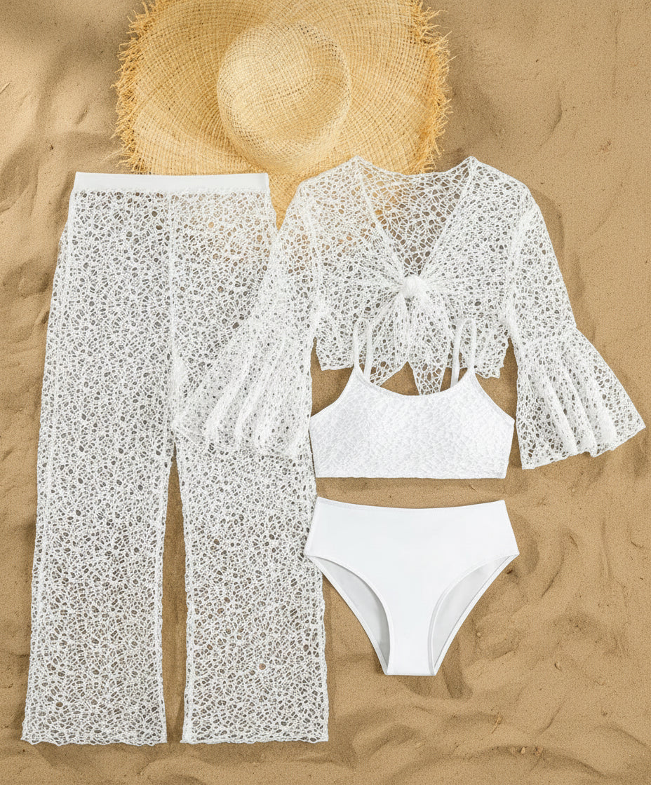 4pcs Tween Girl Beach Bikini Set With Flared Sleeve Cover Up Top & Cover Up Pants Set 