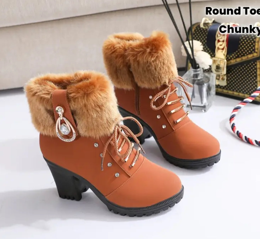 “Rhinestones” Chunky Heel Faux Fur Trim Mid-Calf Boots with Side Zipper by
