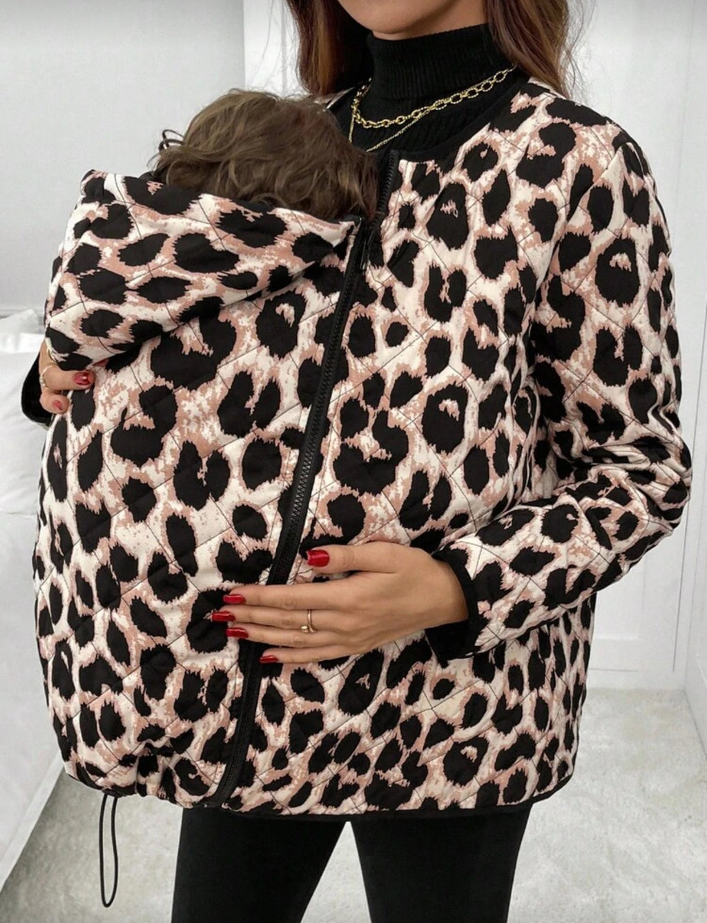 Maternity Leopard Print 3-In-1 Fashionable Winter Coat + Maternity Jacket + Baby Carrier Coat