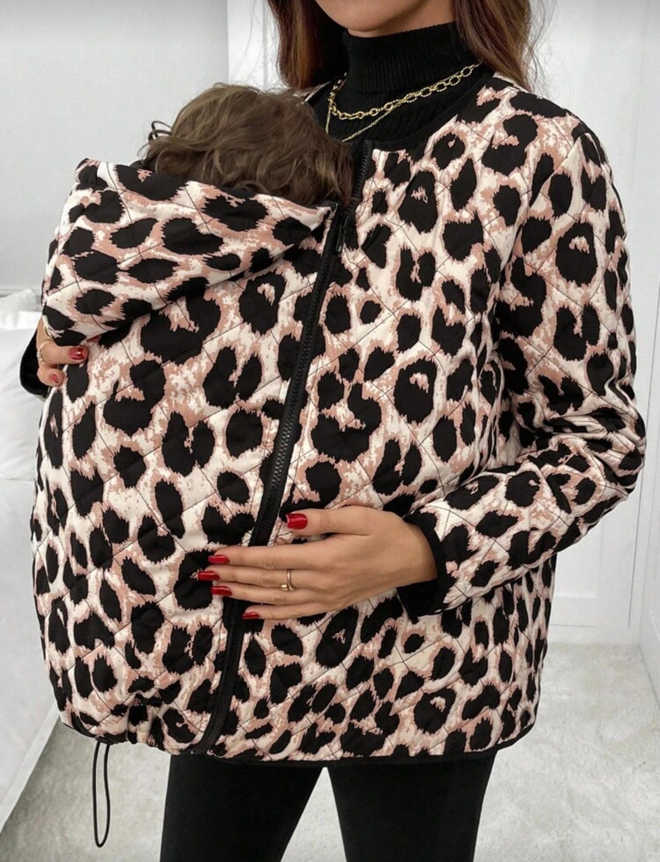 Maternity Leopard Print 3-In-1 Fashionable Winter Coat + Maternity Jacket + Baby Carrier Coat