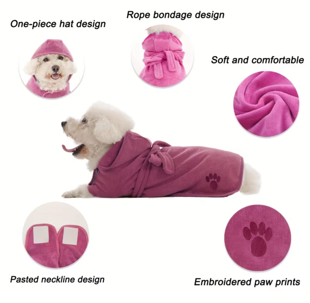 Paw Print Pet Robe 1pc- Adjustable Hook-and-Loop & Rope Closure, Machine Washable 