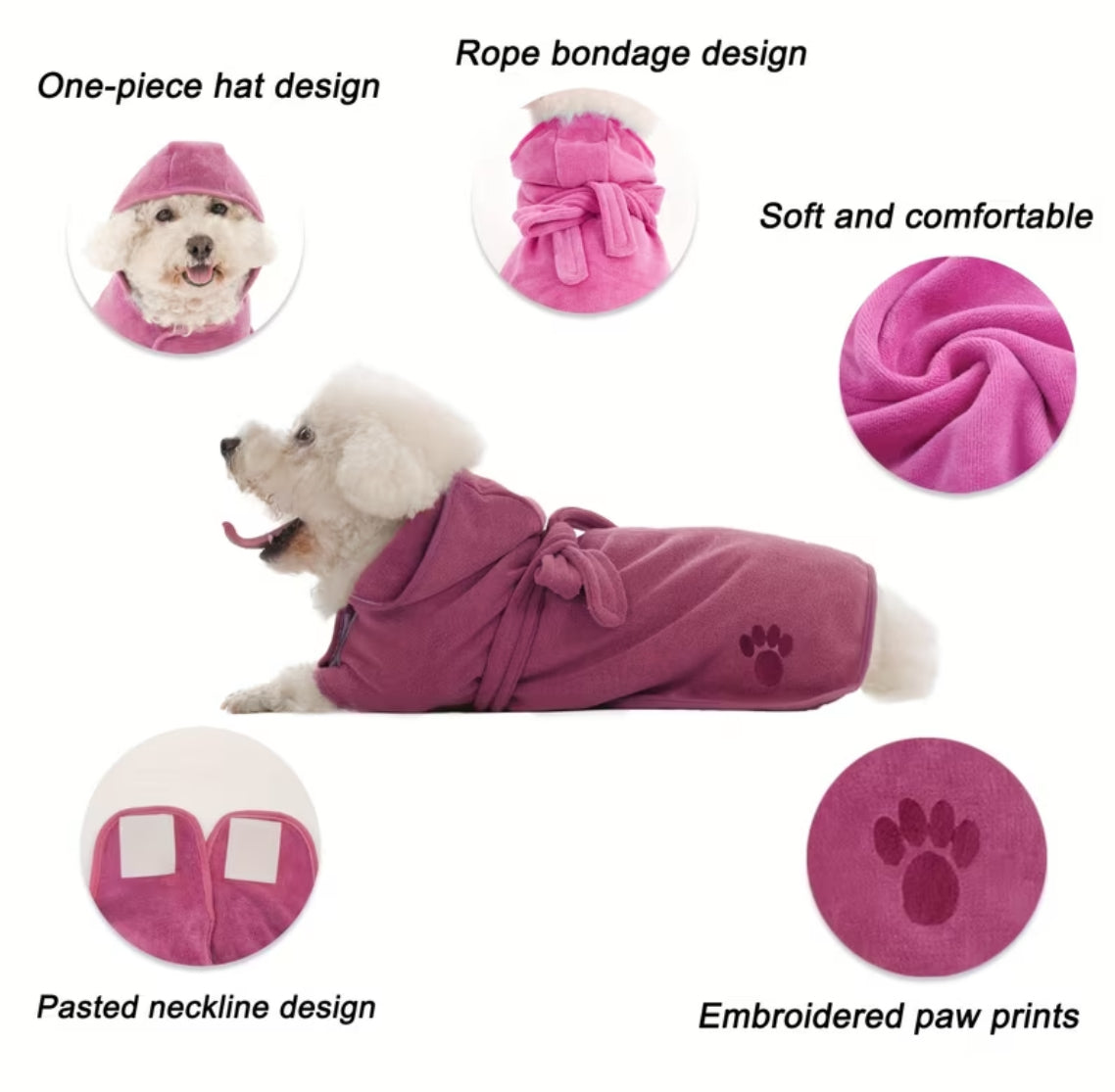 Paw Print Pet Robe 1pc- Adjustable Hook-and-Loop & Rope Closure, Machine Washable 