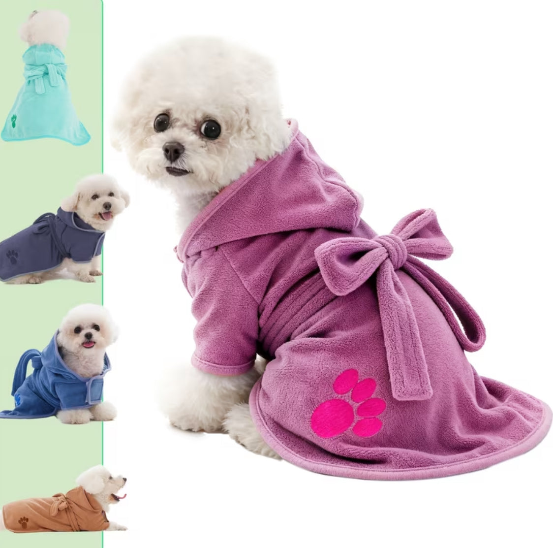 Paw Print Pet Robe 1pc- Adjustable Hook-and-Loop & Rope Closure, Machine Washable 