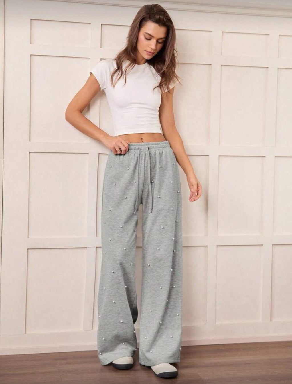 Rhinestone Embellished High Waist Drawstring Loose Fit Sweatpants