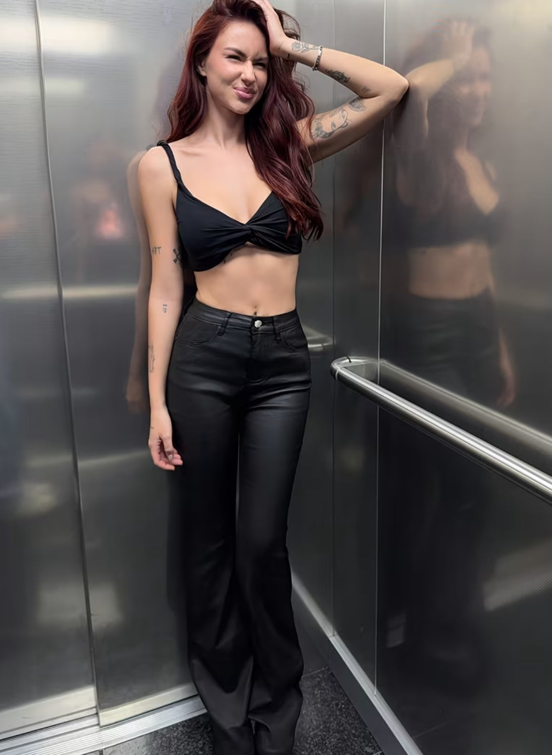 Women's Flared Bell Bottom High-Waisted, Faux Leather- Machine Washable 