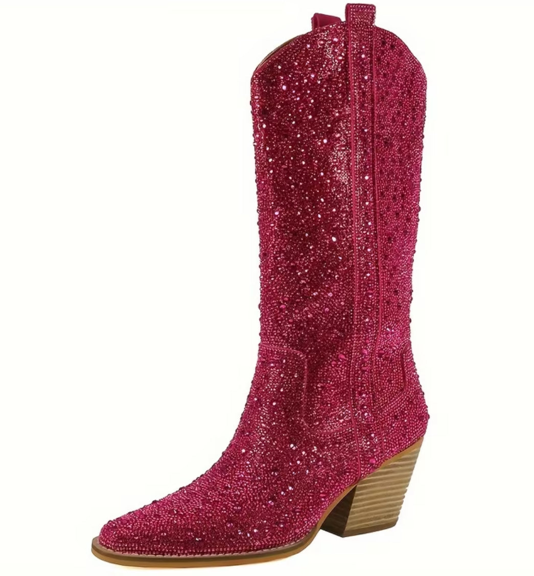 “Crystals” Pointed Toe, Mid-Calf Block/Stacked Heel Boots