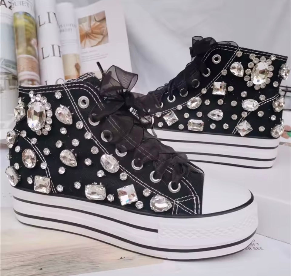 “Crystals” Women’s Embellished Thick Bottom High Top Canvas Designer Sneakers 