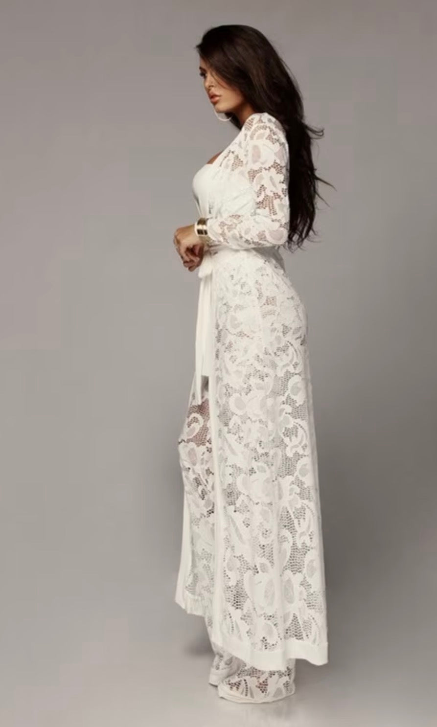 Versatile 3pcs Set - Elegant Wide-Leg Pantsuit Ensemble with Lace Detailing