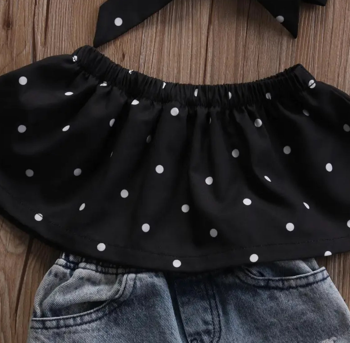 Baby Girls Outfit With An Off Shoulder Wave Point Top, Ripped Jeans & Cute Bow Headband
