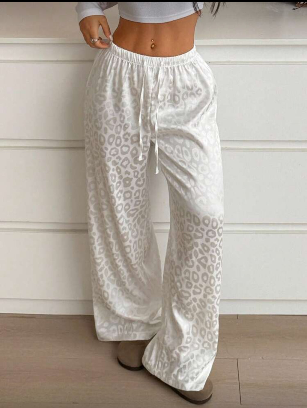Leopard Print Pajama Pants Relaxed Wide-leg Fit, Drawstring Waist