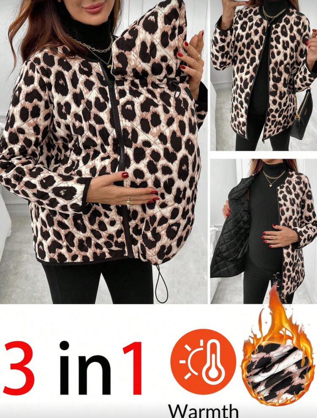 Maternity Leopard Print 3-In-1 Fashionable Winter Coat + Maternity Jacket + Baby Carrier Coat