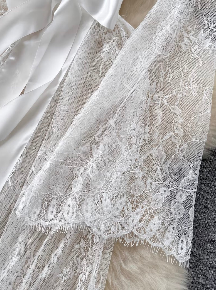 Elegant Floor- Length Sheer Lace Floral Robe