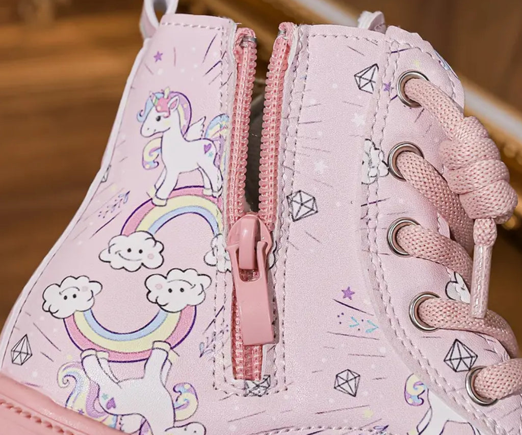 “Unicorn Timb’s” Girls' Pink Rainbow Non-Slip Ankle Boots