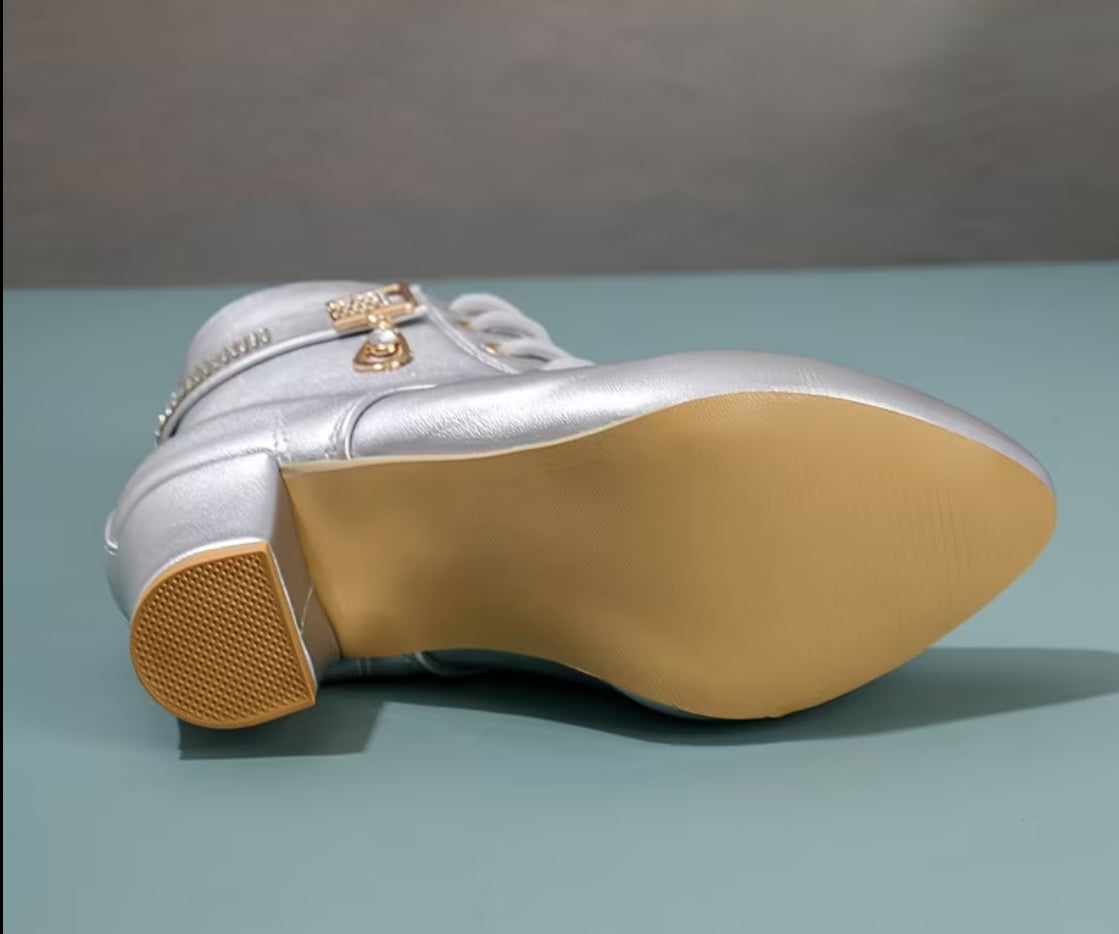 “Crystal Drop” Girls' Silver Lace-Up Ankle Boots With Chunky Heel and Rhinestones + Side Zipper 