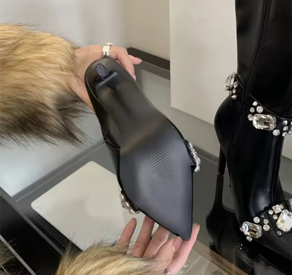 Women's Sleek Mid-Calf Leather Boots, Adorned With Sparkling Crystal Diamonds