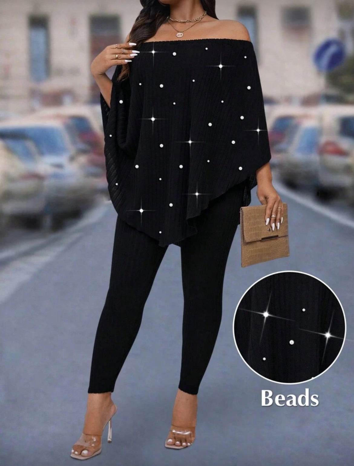 Plus Posh Curves Ribbed Beaded Off Shoulder Top And Leggings Two Piece Set