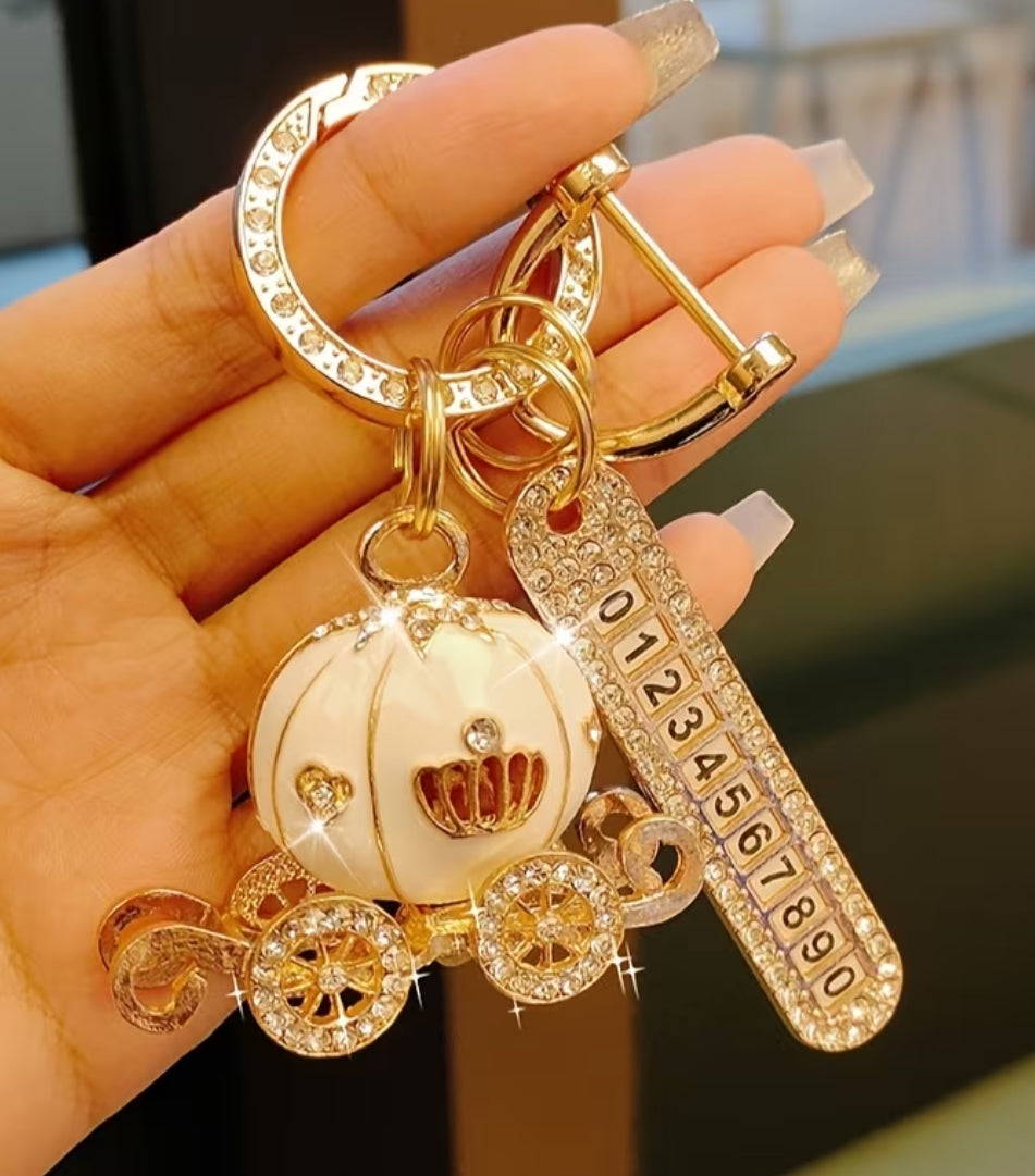 “Cinderella” Enchanting Diamond Inlaid Pumpkin Carriage Pendant with Number Plate Keychain