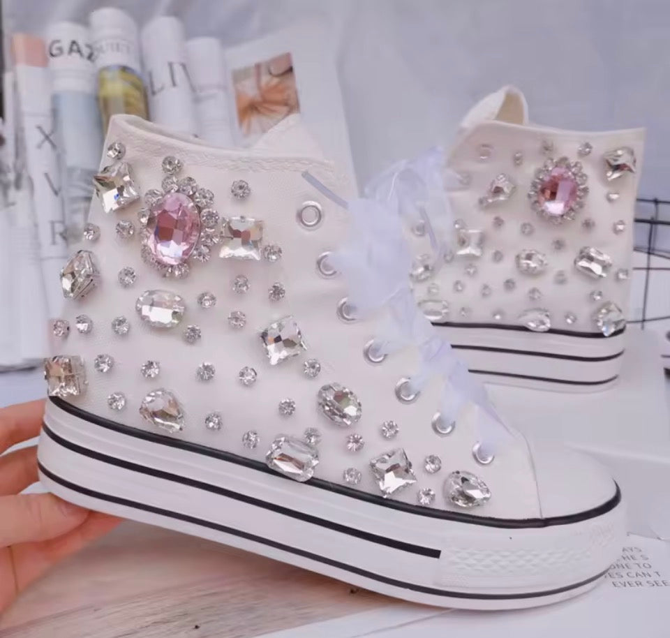 “Crystals” Women’s Embellished Thick Bottom High Top Canvas Designer Sneakers 