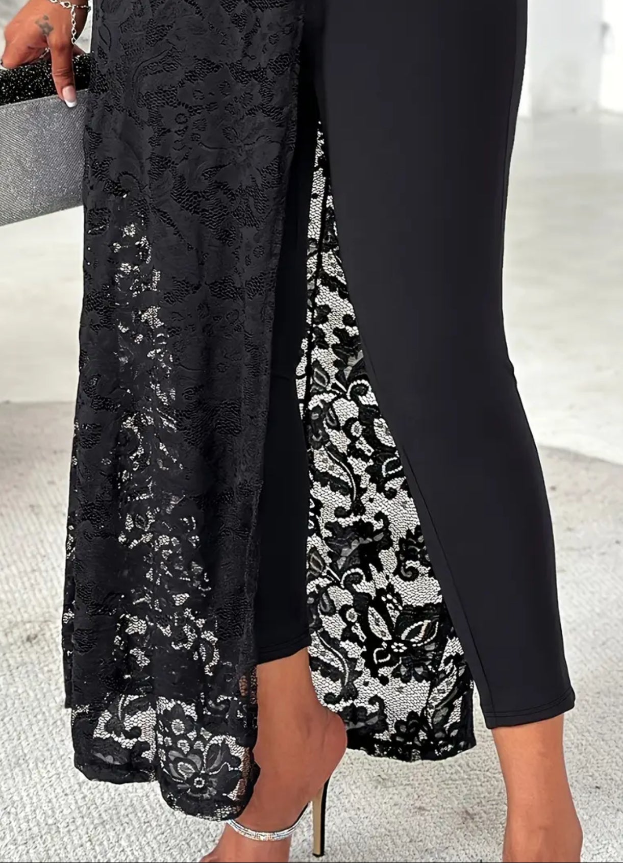 Black Solid Color Jumpsuit With Lace One Shoulder Off Detail