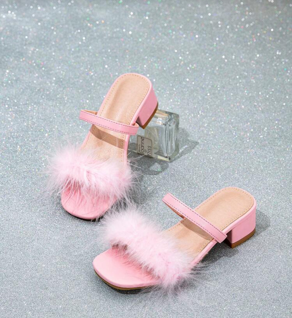 Girls Fluffy Fashion Sandals Elegant And Fashionable Chunky Heel Sandals