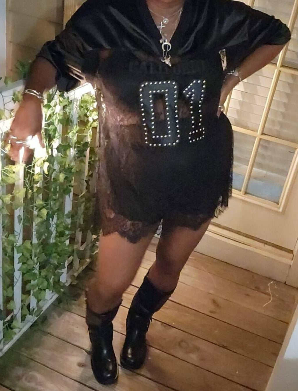 "CALIFORNIA 01" Posh Plus Oversized Studded Sheer Lace and Mesh Football Jersey