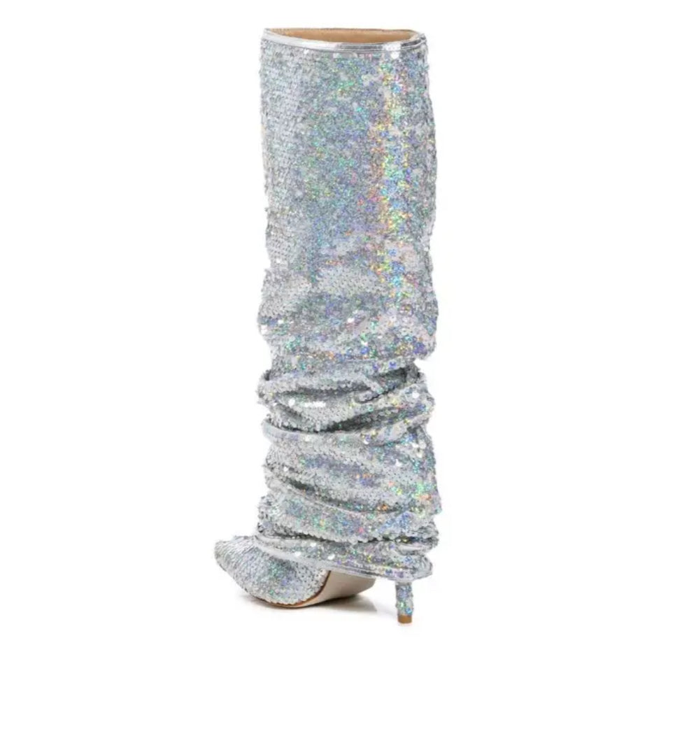 “Diva Sparkle” Women's Knee High Pleated Heel Boots