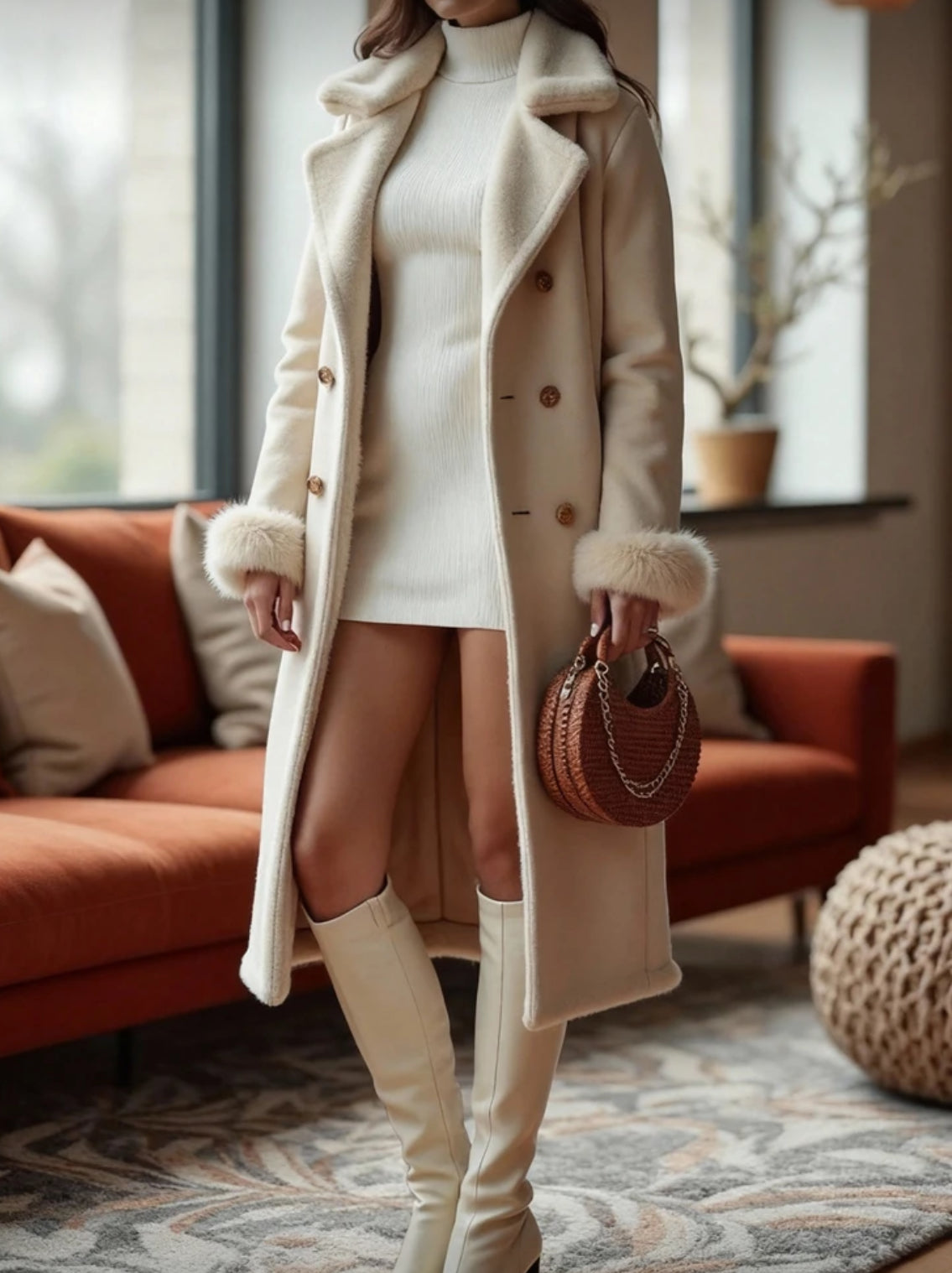 Sophisticated Beige Woven Faux Fur Overcoats with Gold Button Pockets Up To 4XL