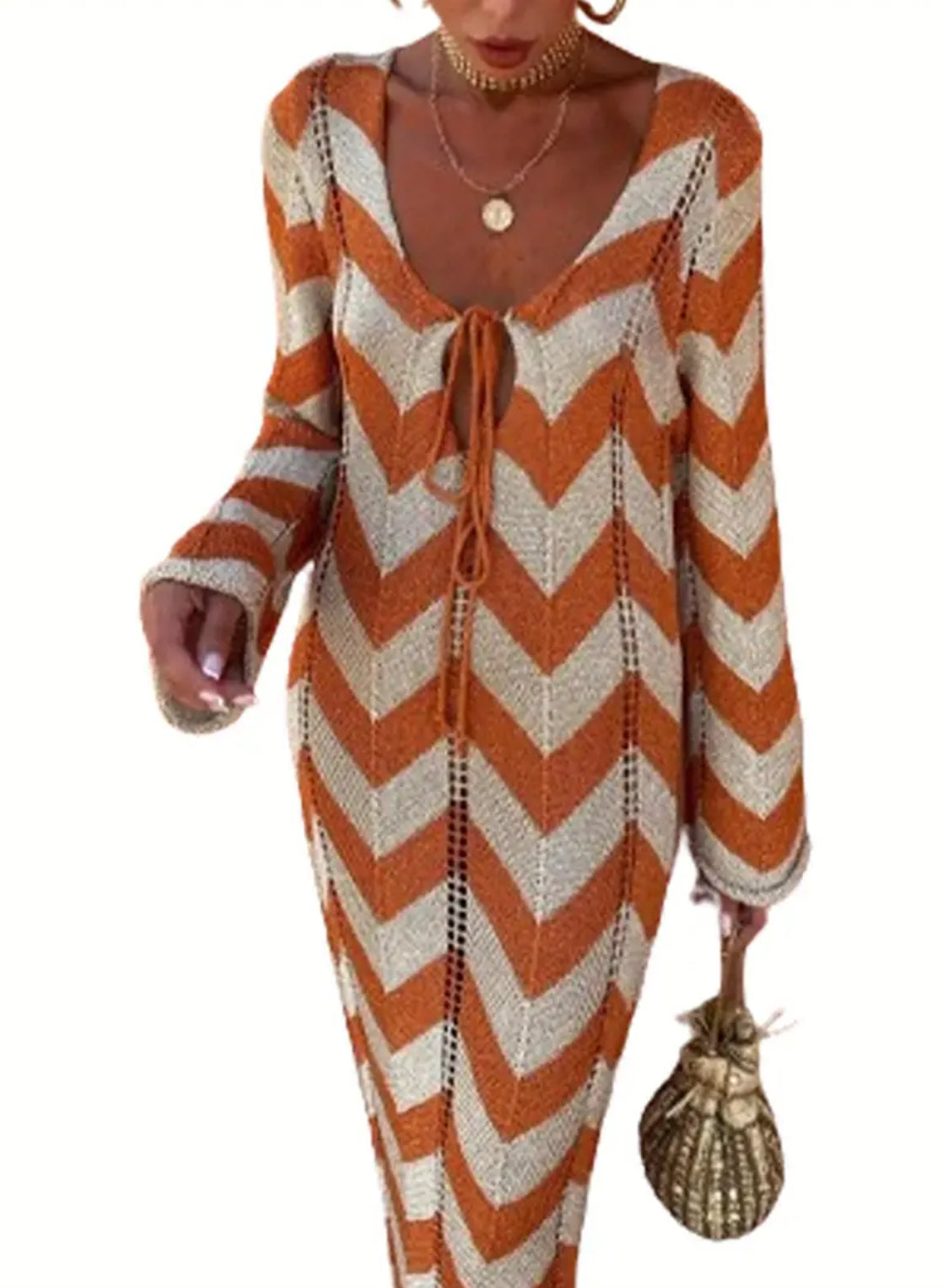 Boho Chic Chevron V-neck Long Dress |Long Dress Tie-Up Low Cut Bust Detail
