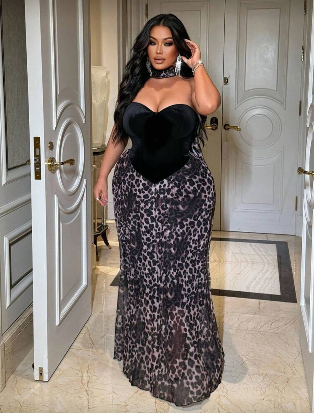 “Velvet Black Cheetah” Evening Dress Plus Size with Scarf