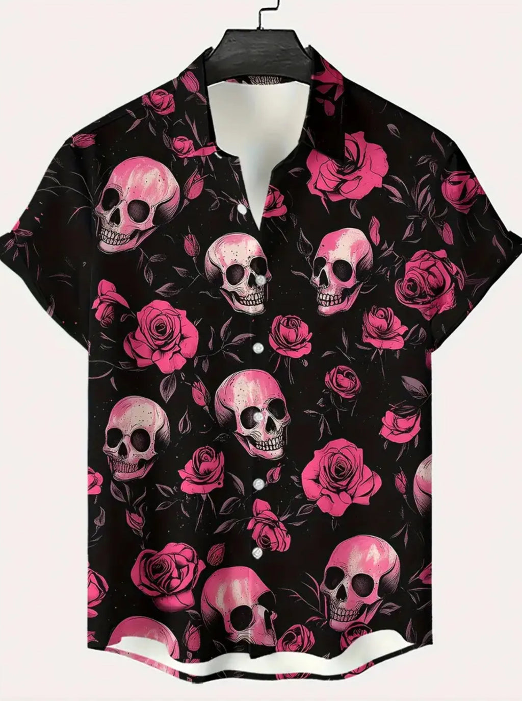 Men’s Skulls & Roses Gothic Short Sleeve Shirt - Button Collar All-Over Pattern