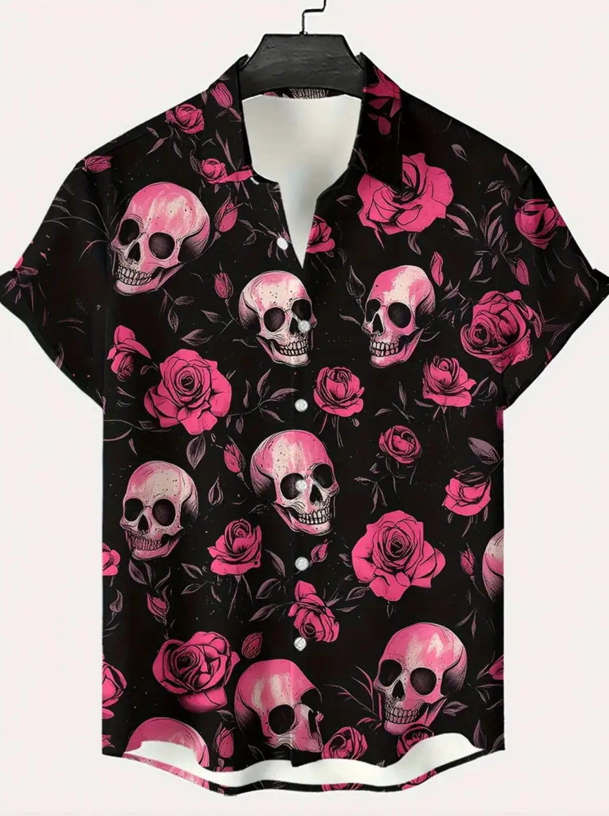 Men’s Skulls & Roses Gothic Short Sleeve Shirt - Button Collar All-Over Pattern