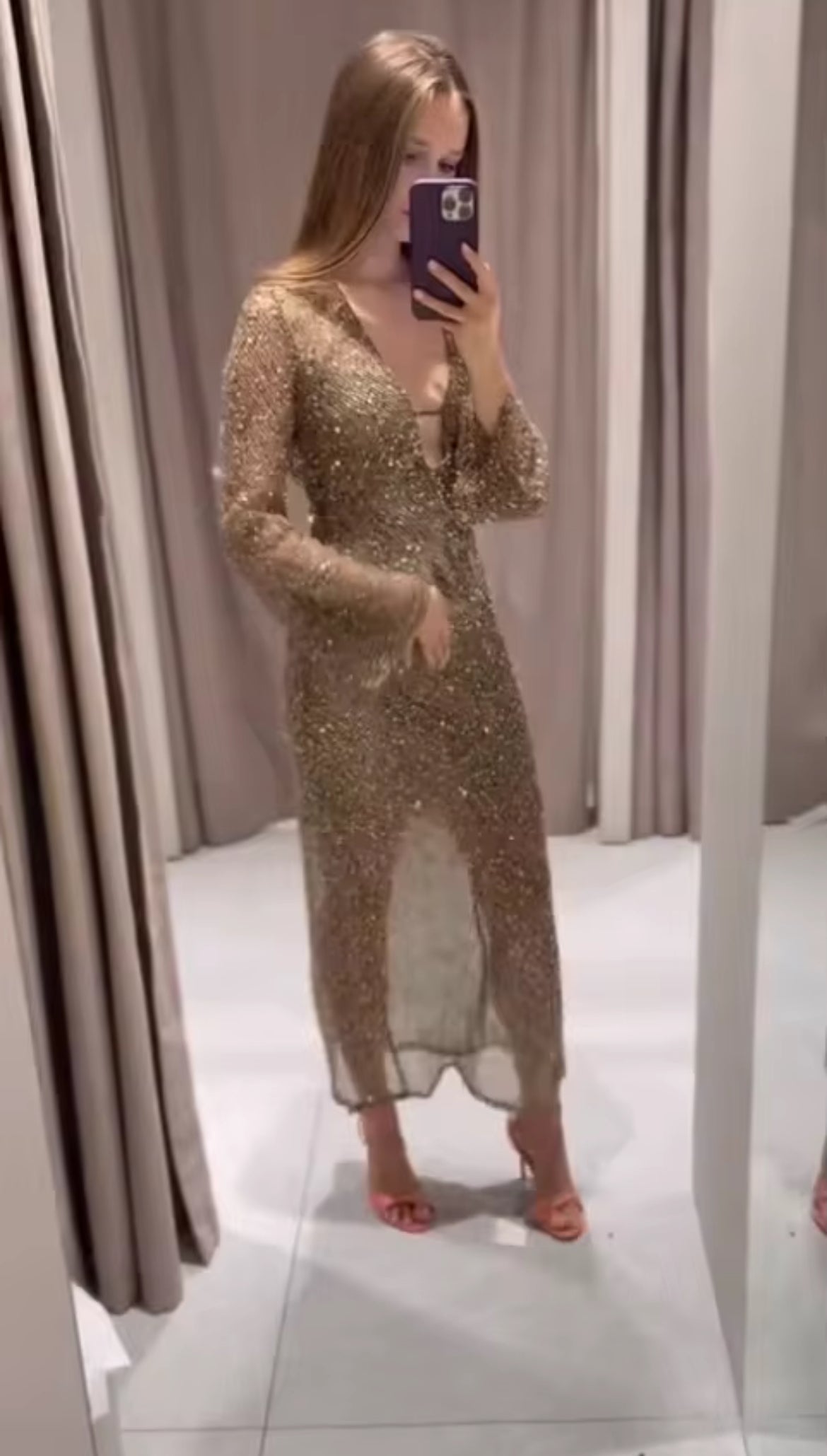 Shiny Hollow Out Sequins V-neck Flare Sleeve Long Evening Dress