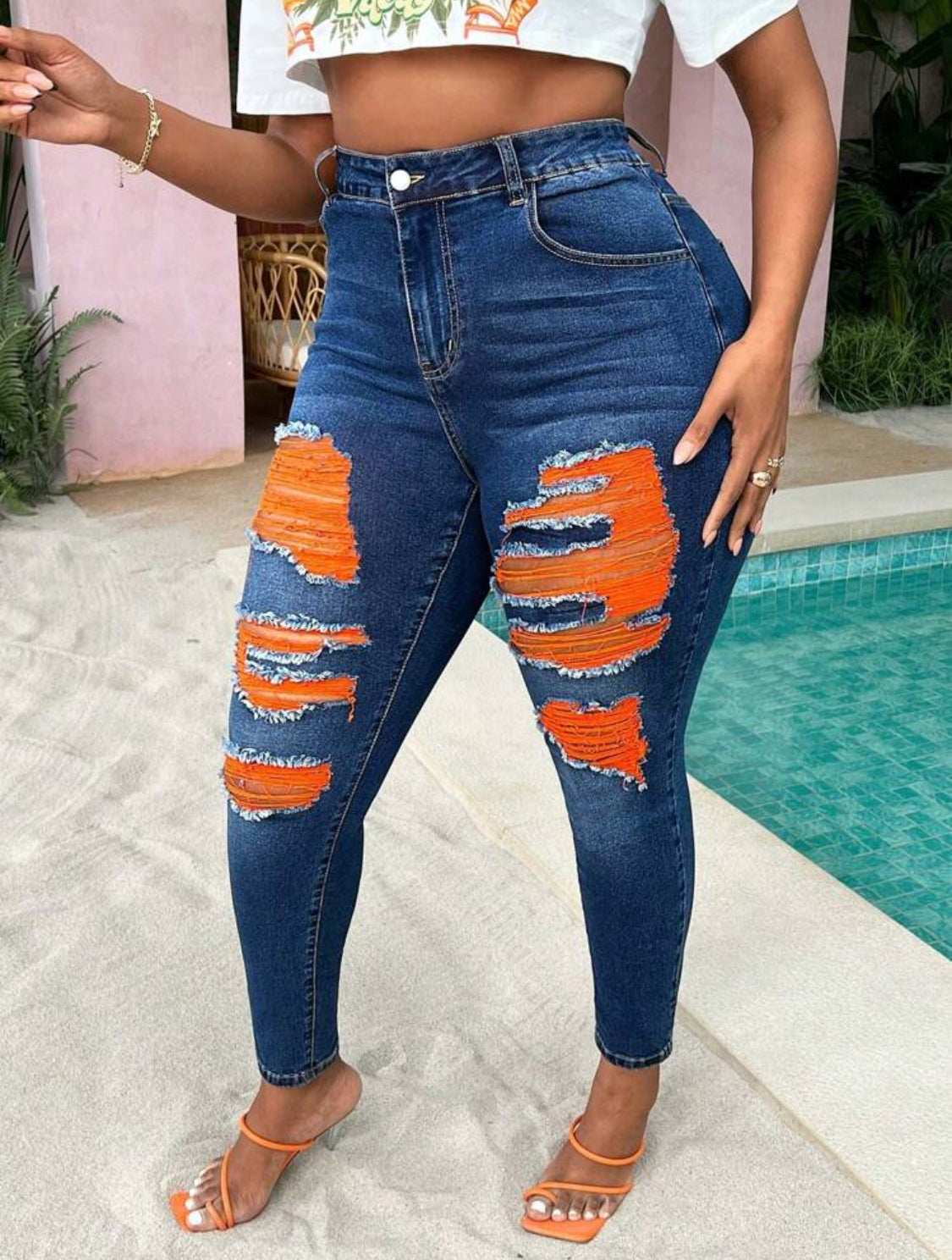 ‘Citrus’ Posh Curve Orange Ripped Blue Denim Skinny Jeans