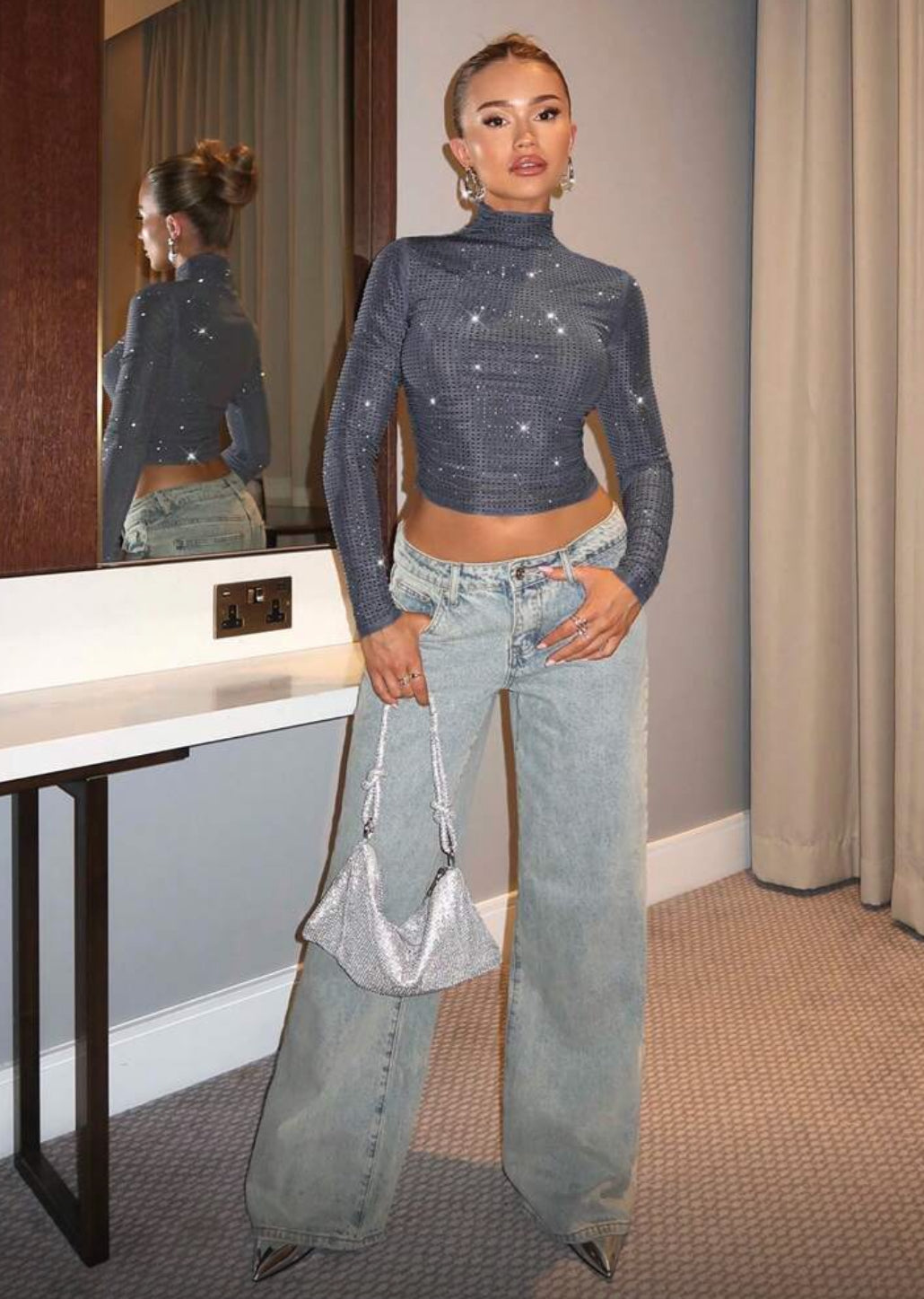 Gray Fashion Wear, Sparkling Rhinestone Decor- Fitted Sheer Mesh Crop Top