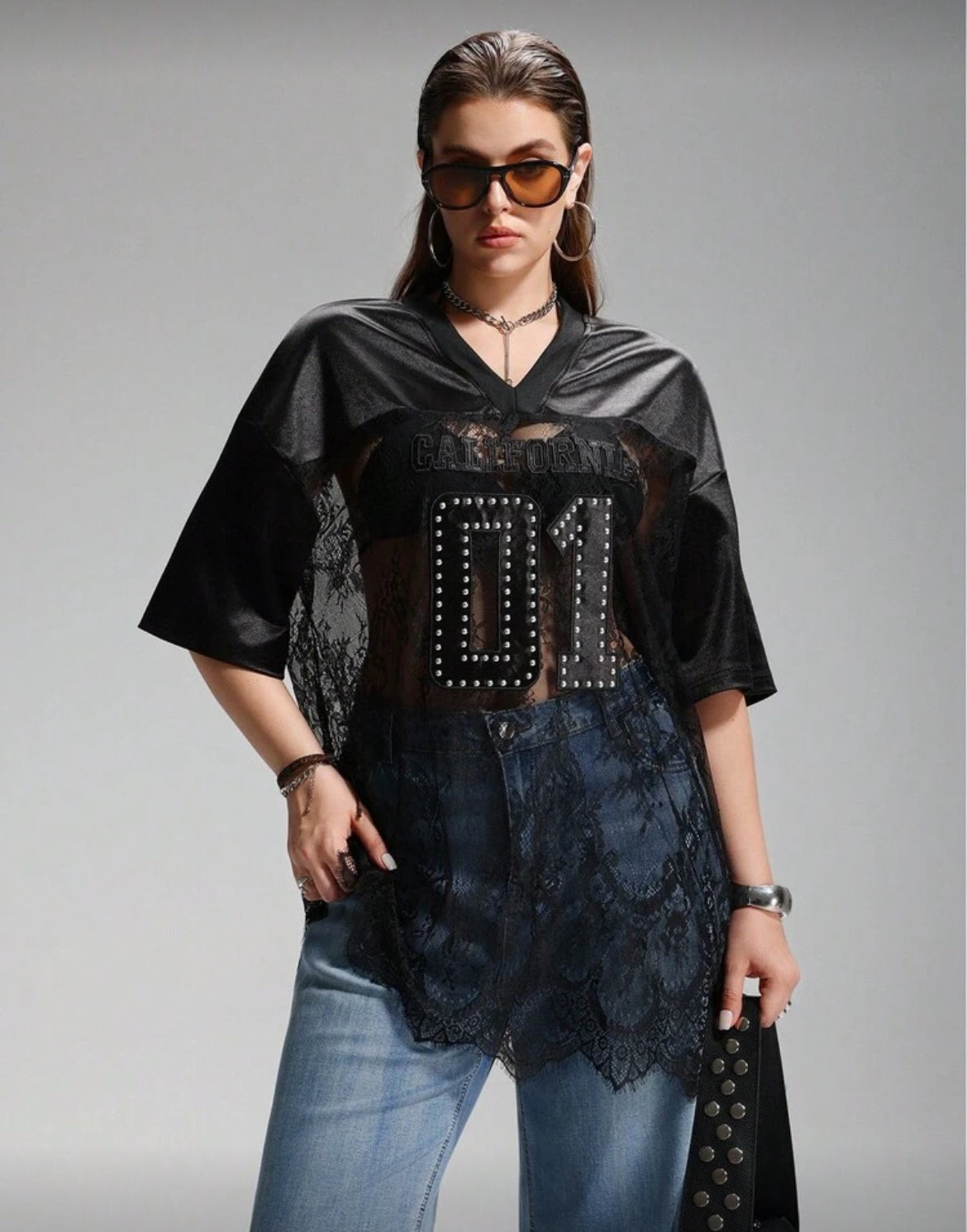 "CALIFORNIA 01" Posh Plus Oversized Studded Sheer Lace and Mesh Football Jersey