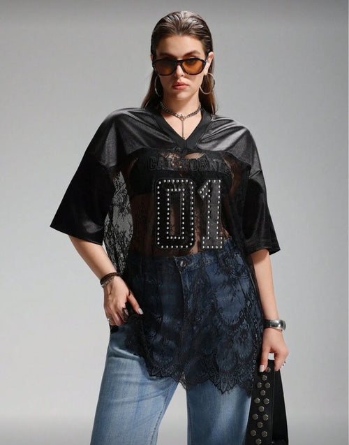 "CALIFORNIA 01" Posh Plus Oversized Studded Sheer Lace and Mesh Football Jersey