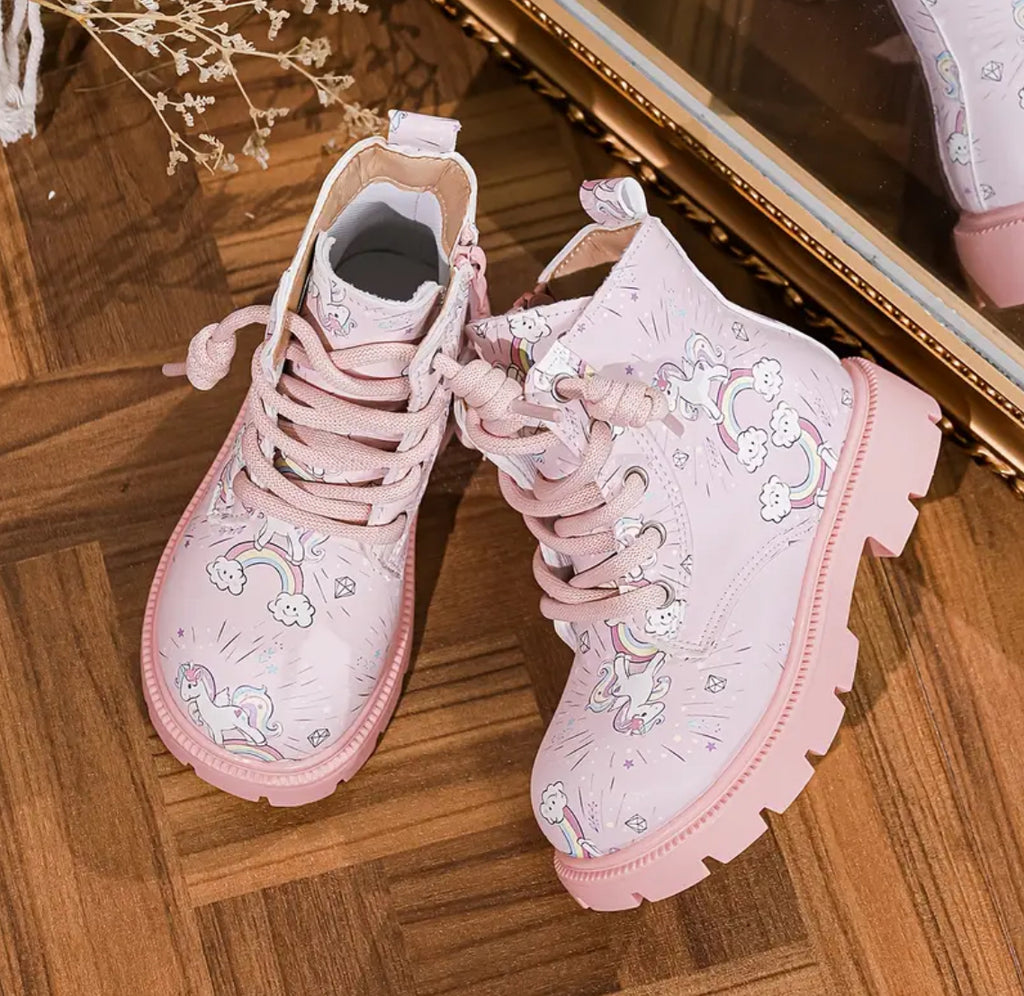 “Unicorn Timb’s” Girls' Pink Rainbow Non-Slip Ankle Boots