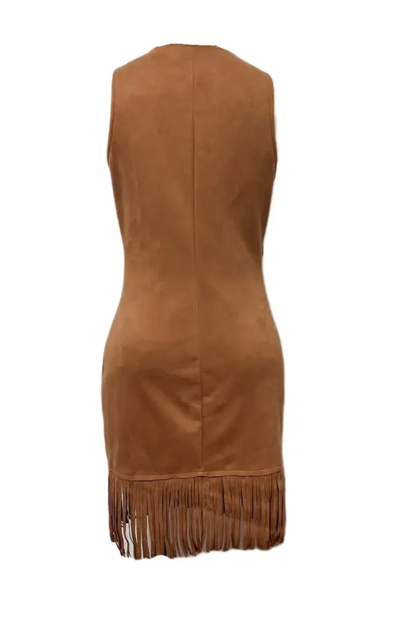 “JOLENE” Vintage Women's Sleeveless V-Neck Mini Dress with Fringe Detail