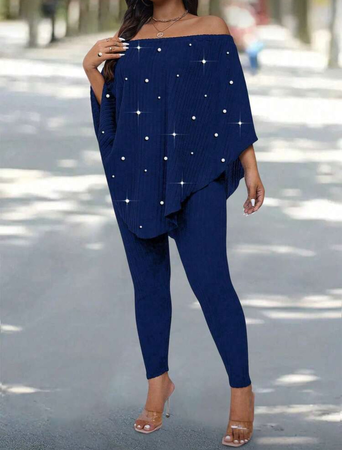 Plus Posh Curves Ribbed Beaded Off Shoulder Top And Leggings Two Piece Set