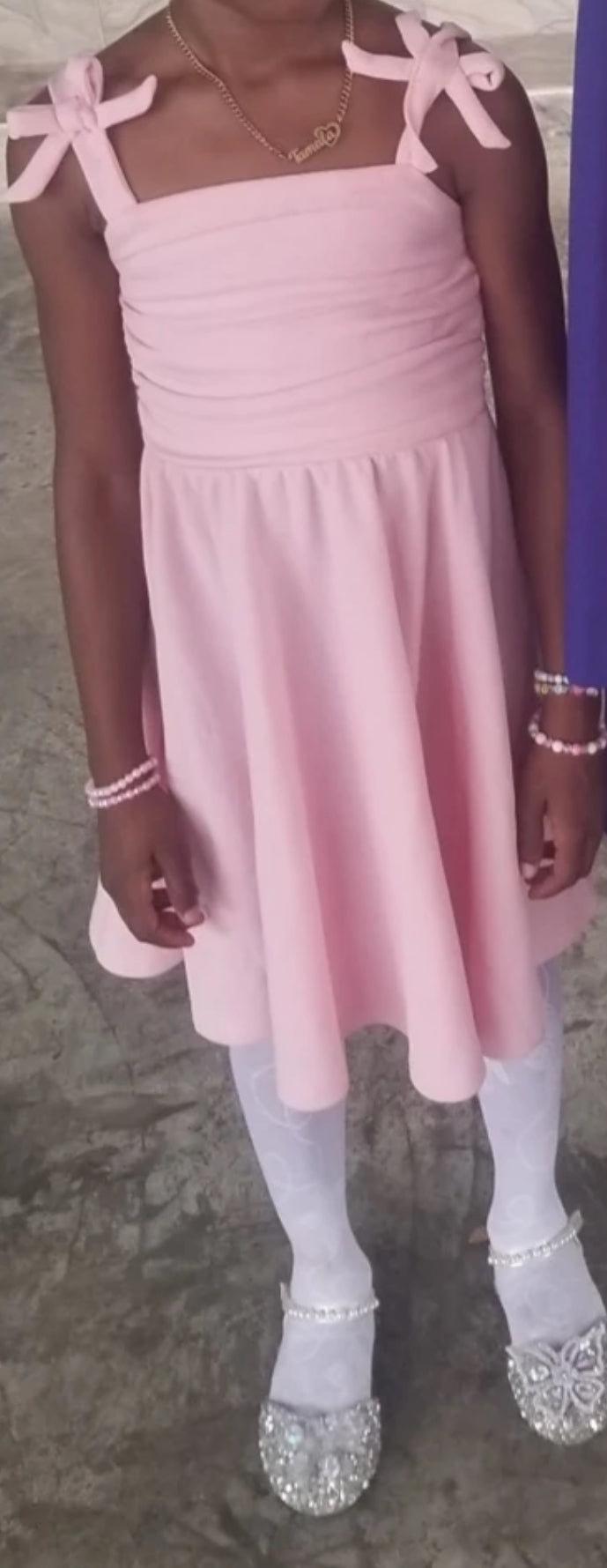Tween Girl Bow Strap Ruched Fashionable Dress