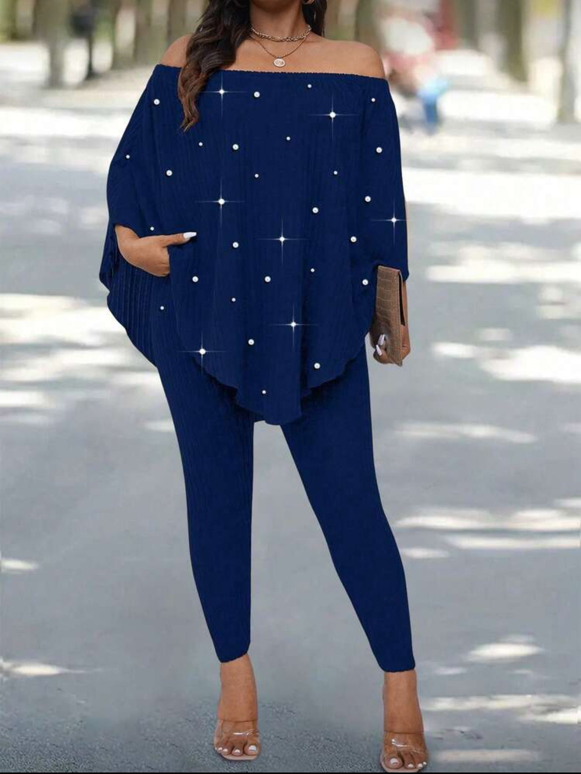 Plus Posh Curves Ribbed Beaded Off Shoulder Top And Leggings Two Piece Set