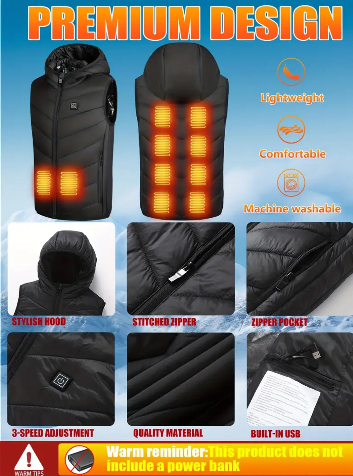 “Heated Kids Winter Vest” USB-Power Bank Compatible Connector (No Bank Included)