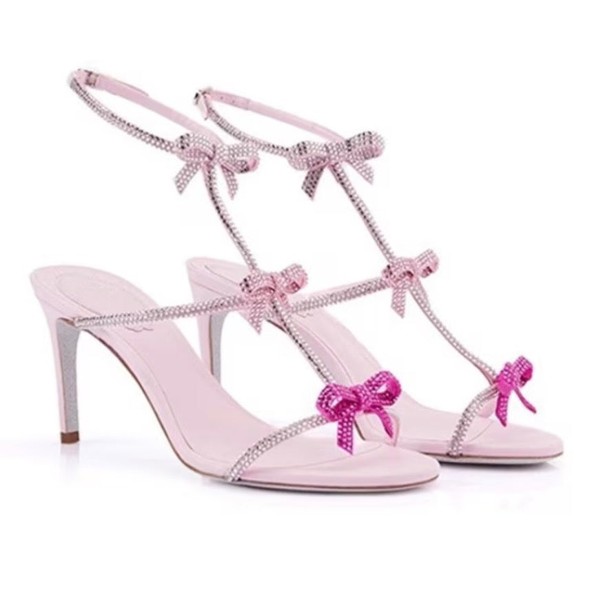 ‘Pink Bows & Rhinestones’ Embellished Bow Strap Sandal Stilettos In Pink 
