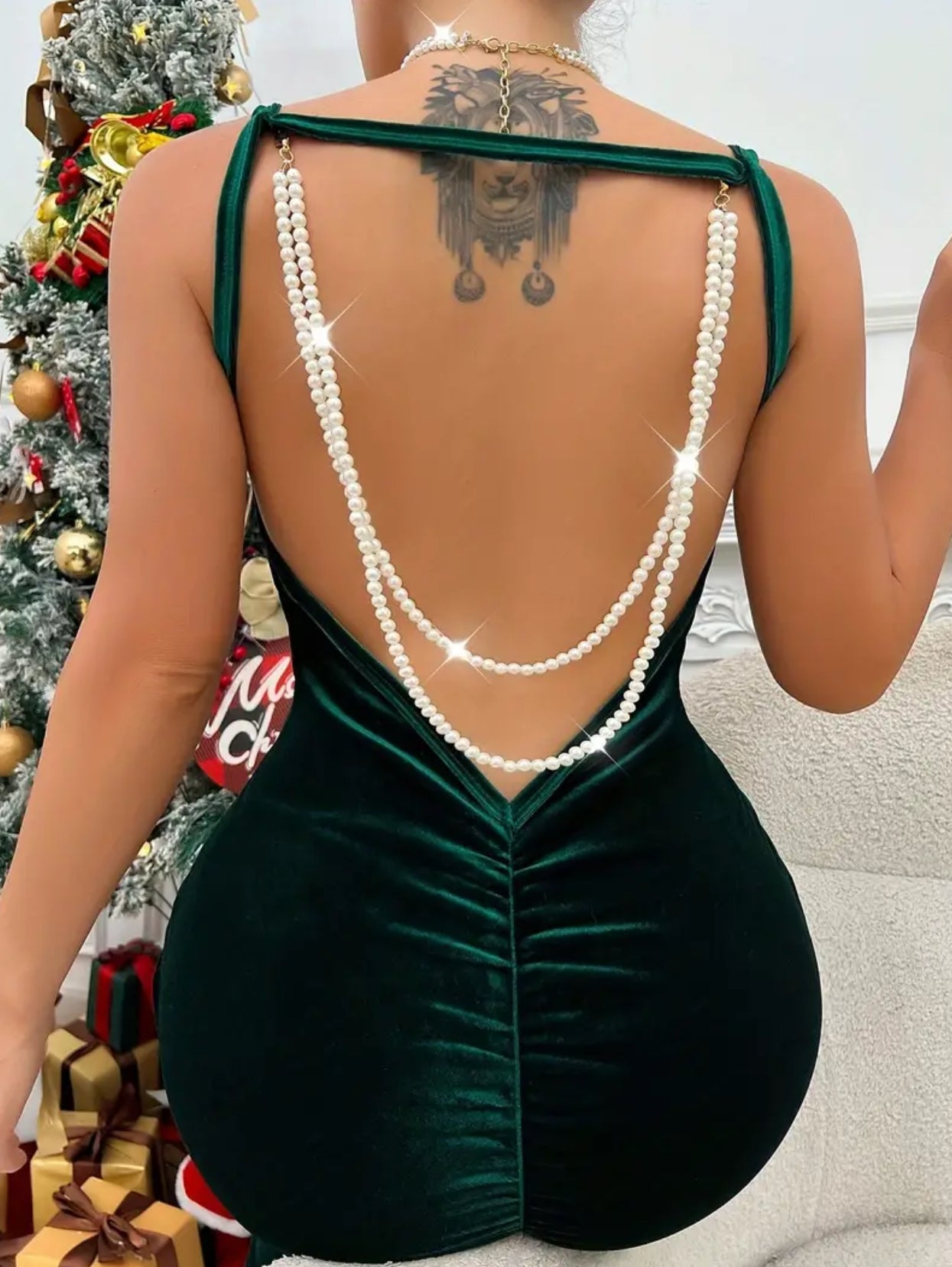 Women’s Fashion Velvet Dress with Delicate Embellished Backless Pearl Drops